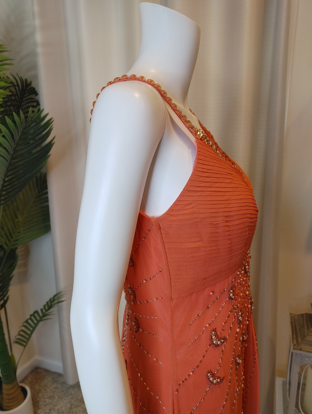 VINTAGE SUE WONG SILK BEADED FORMAL DRESS, CORAL 10 - Picture 7 of 16